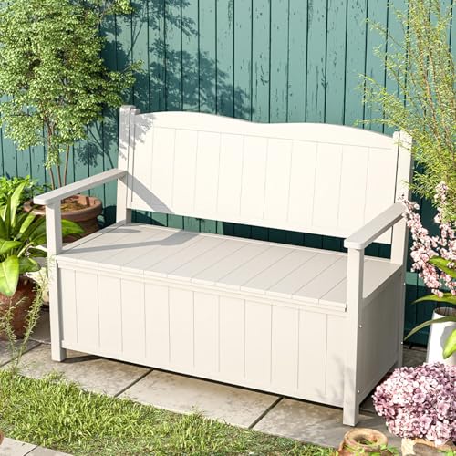 Outdoor Storage Bench Wooden Patio Entryway Storage Bench Loveseat for Patio Garden Balcony Yard Living Room(White)