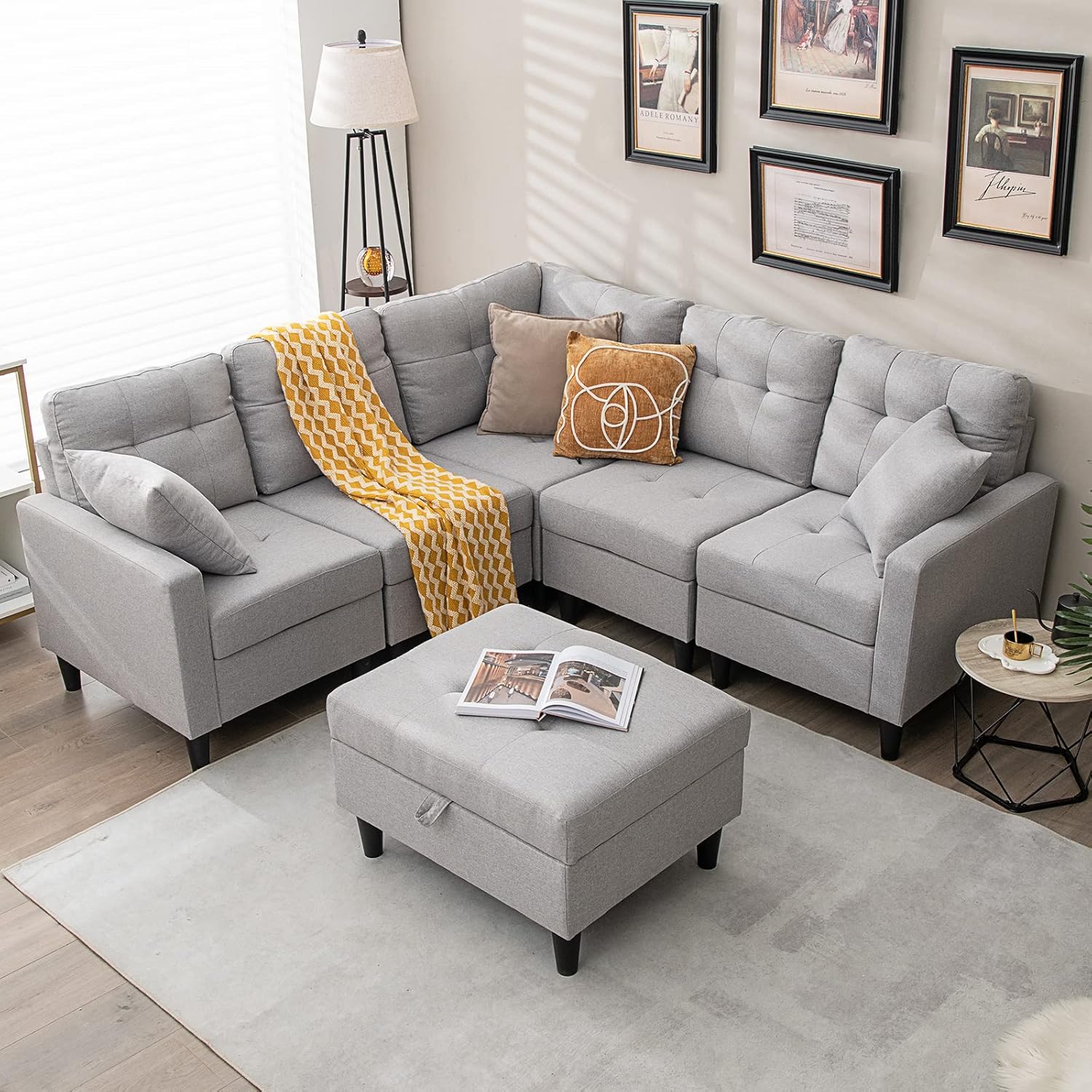 KOMFOTT Modular Sectional Sofa Couch, Reversible L-Shaped Corner Sofa Set with Ottoman, Faux Linen Fabric, 2 Removable Pillows, Modern 5-Seat Sofa Couch, Living Room Furniture Sets (Gray)