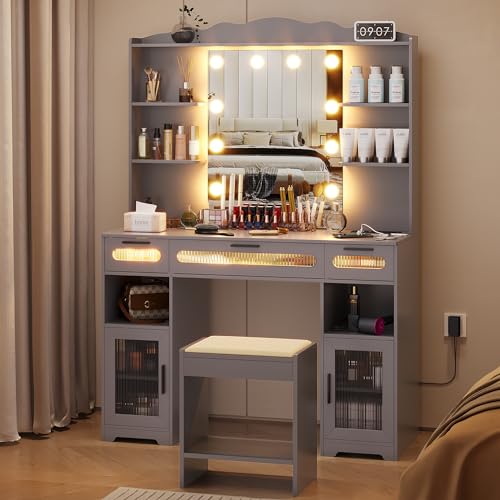 Vlsrka Vanity Desk with Mirror and Lights, 43