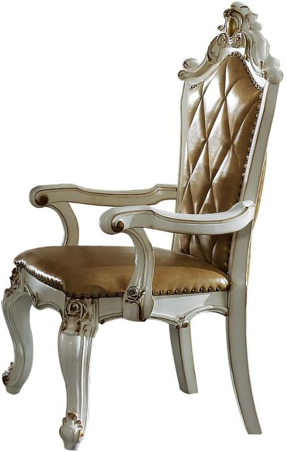 Acme Picardy Faux Leather Upholstered Arm Chair in Antique Pearl Set of 2