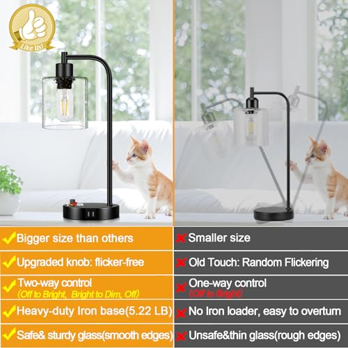 Set of 2 Industrial Table Lamps with 2 USB Port, Rustic Black Fully Stepless Dimmable Lamps for bedrooms, Bedside Nightstand Desk Lamps with Clear Glass Shade for Reading Living Room Office 2 LED Bulb