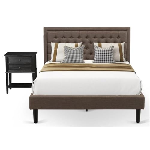 East West Furniture Kendall 3 Piece Set-1 Platform Bed Brown Linen Fabric Padded and Button Tufted Headboard with 2 Bedroom-Antique Walnut Finish Nightstand, Queen Size