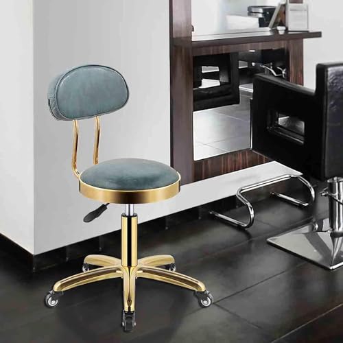 Round Rolling Stool with Backrest, PU Leather Height Adjustable Swivel Chair, Beauty Salon Salon Massage Stool, Home Makeup Office Drawing Work Stool with Titanium 5 Prongs and Wheels(Blue)