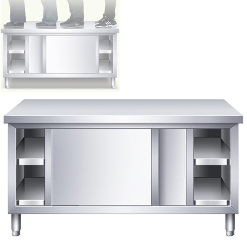 Stainless Steel Prep Table, 300kg/661 Lbs Load Capacity Heavy Duty Commercial Kitchen Metal Table, with Sliding Doors, for Garage, Home, Warehouse, and Kitchen (Size : 100x60x80cm/39x24x31in)
