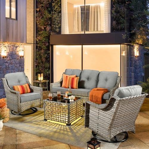 6 Piece Patio Furniture Sets with Fire Pit Table,Outdoor Wicker Furniture Set,All Weather Resistant Outside High Back Rattan Conversation Set for Out Door(Red)