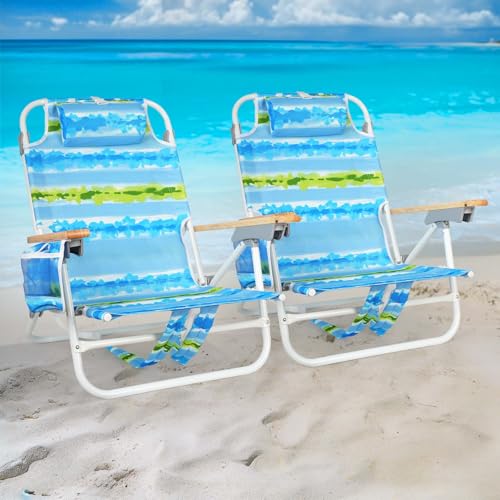 Backpack Beach Chairs for Adults 2 Pack, 5-Position Lay Flat Beach Chairs with Cup Holder, Low Beach Chair with Armrest and Headrest, Lightweight Folding Beach Chairs Set of 2, Support 300 LBS