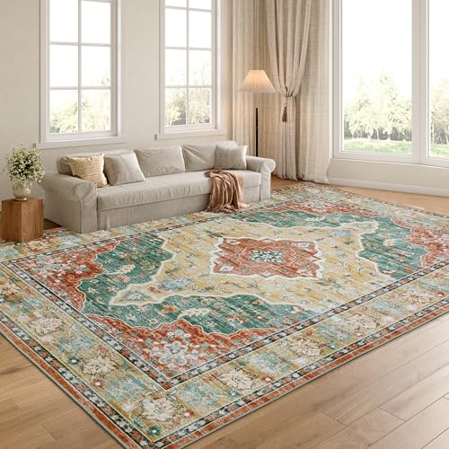 HOMBYS 9x12 Vintage Area Rug for Living Room Bedroom, Large Boho Floor Carpet with Non-Slip Backing for Indoor Office Dining Room, Traditional Home Deco Non-Shedding, Blue Red, Machine Washable