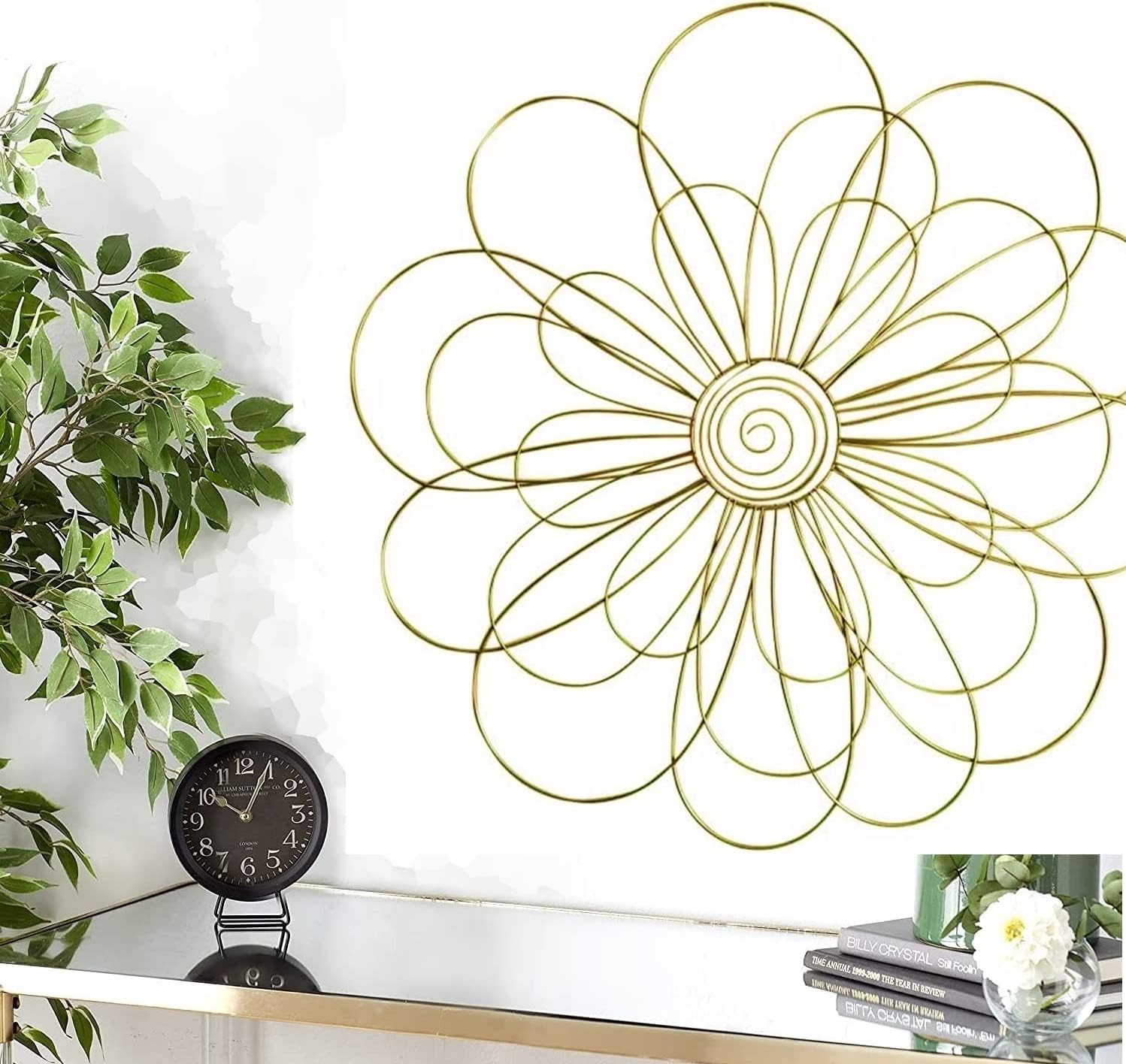 Bellaa Metal Wall Art Modern Abstract Contemporary 3D Geometric Sculpture Flower Interior Designers Living Room Scroll Outdoor Garden Patio Backyard Boho Farmhouse Home Decor Golden 29 inch