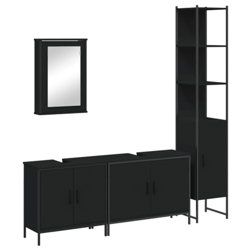 4 Piece Bathroom Furniture Set Black Engineered Wood,AllinOne Bathroom Furniture Set with Spacious Storage for a Tidy and Striking Bathroom Bathroom Furniture, Bathroom Sets