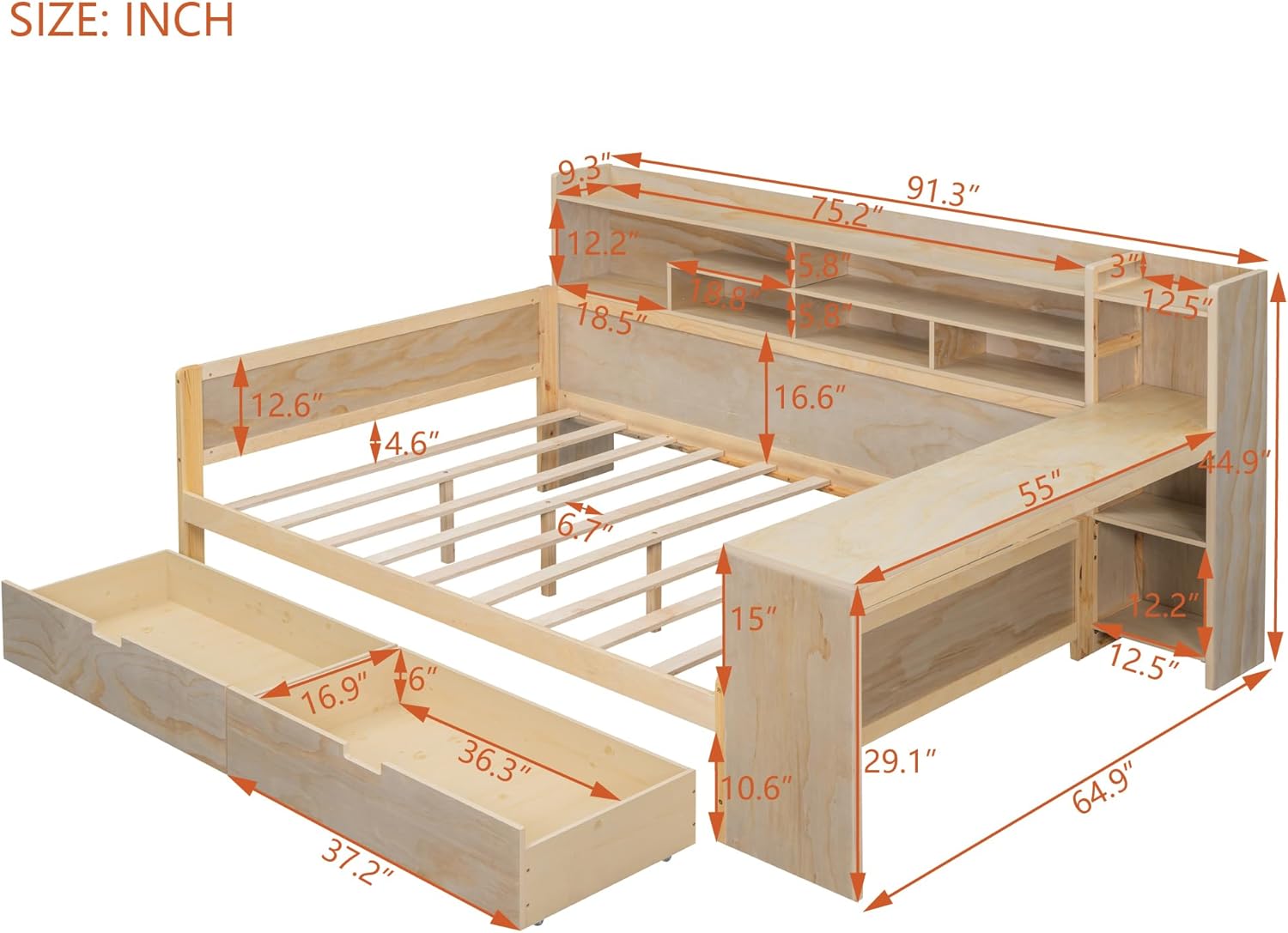 Full Size Multi-Functional Daybed with Storage Shelves, 2 Drawers and Study Desk, Wooden Sofa Bed Frame for Living Room Bedroom Furniture, Space-Saving, Natural