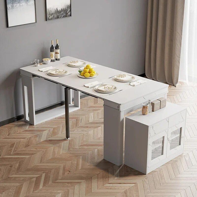 Extendable Modern Dining Table with Storage in White Rectangular Sideboard, 70.9*29.5*33.9 inches