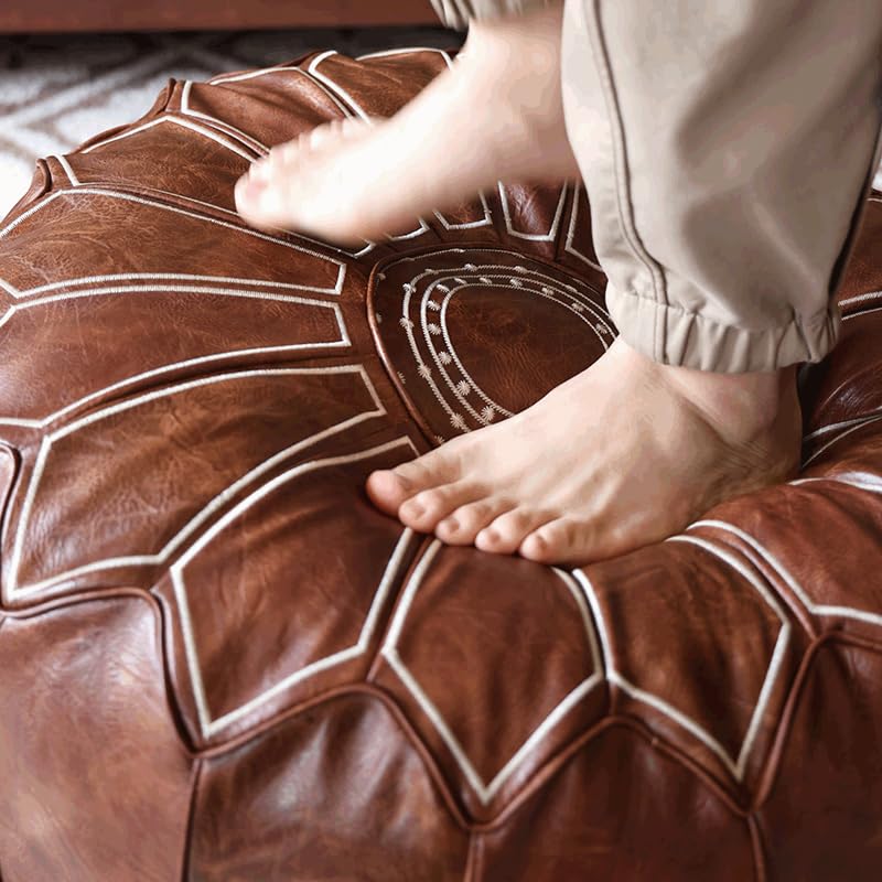 Moroccan Pouf Ottoman Cover Round Decorative Footstool Footrest Bean Bag Chair Foot Stool Rest Storage Solution Home or Wedding Gifts- Mandala Embroidered -(Empty & New)- Brown