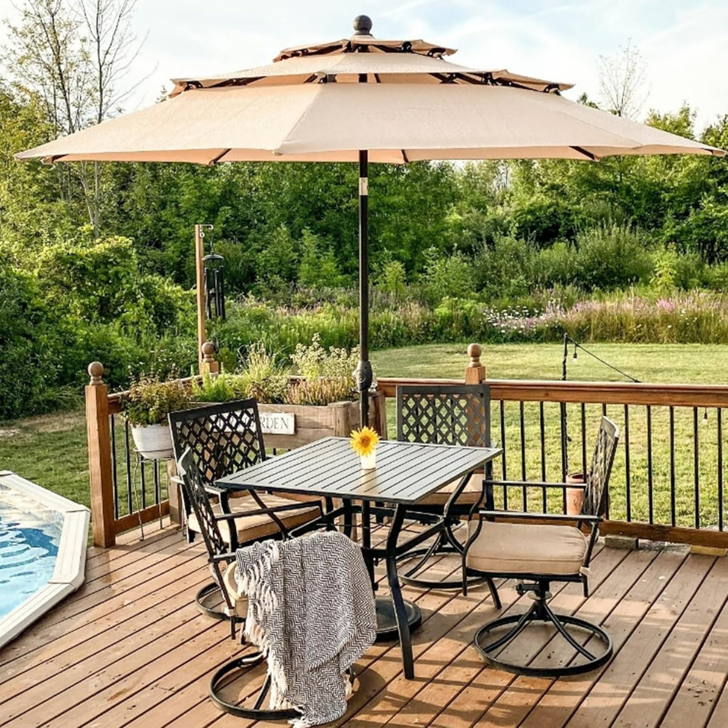 PHI VILLA 5-Piece Outdoor Dining Set, 4 Steel Metal Swivel Patio Chairs & 1 Square Dining Table, Black