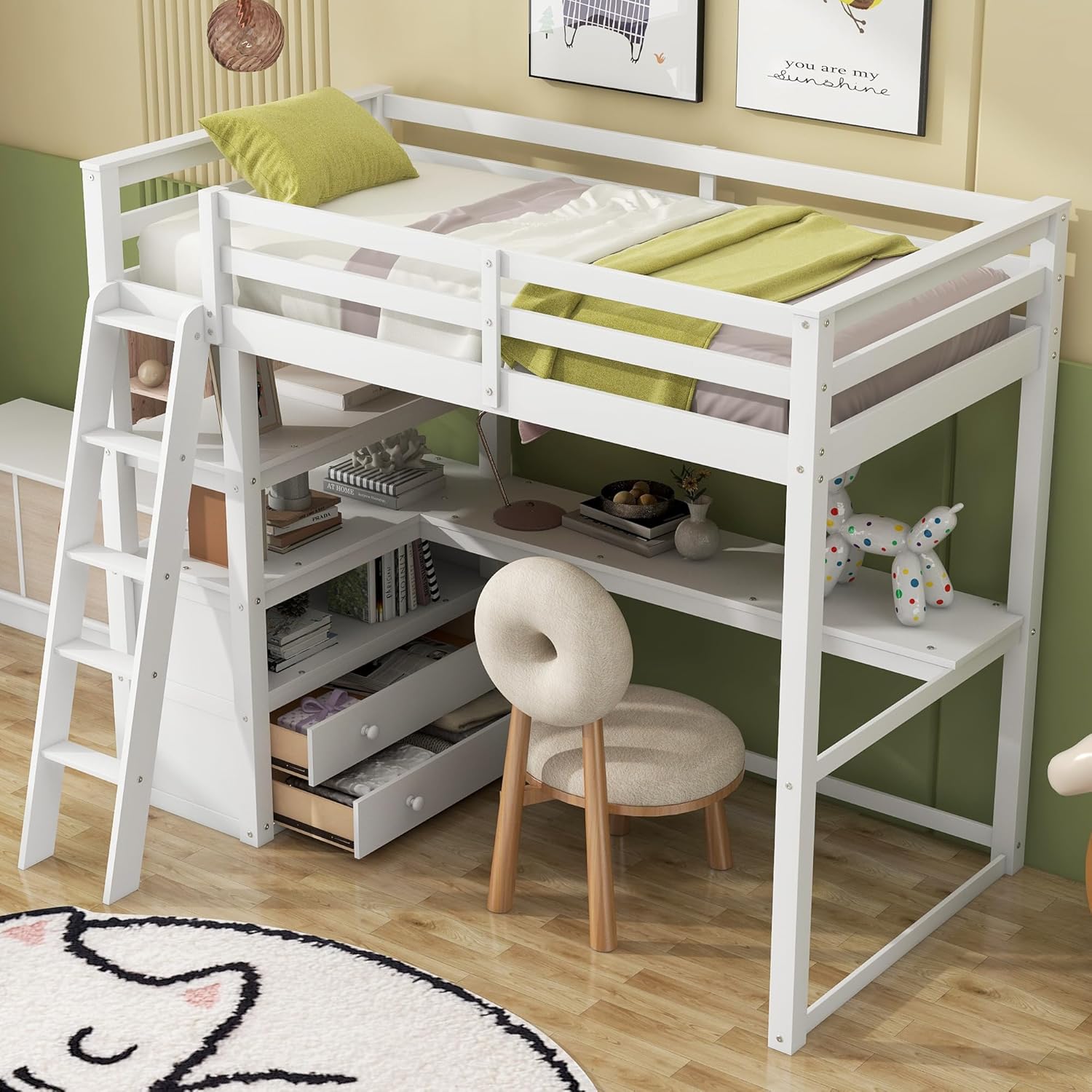 Twin Size Loft Bed with Desk and Shelves,Wooden Bedframe with Two Built-in Drawers for Bedroom,White