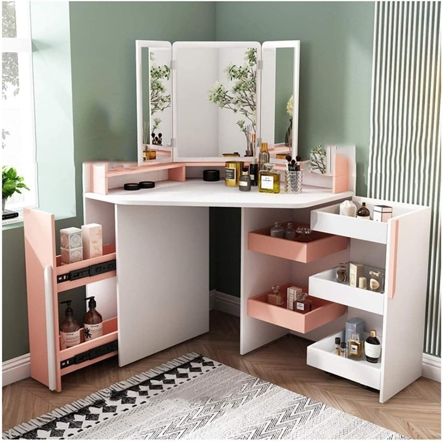 Vanity Living Bedroom Dressing Tables Vanity Makeup Desk Corner Dressing Table with Mirror Vanity Table Set with Stool 7 Drawer for Makeup Bedroom Set Villa Furniture Bedroom Storage (Pink)