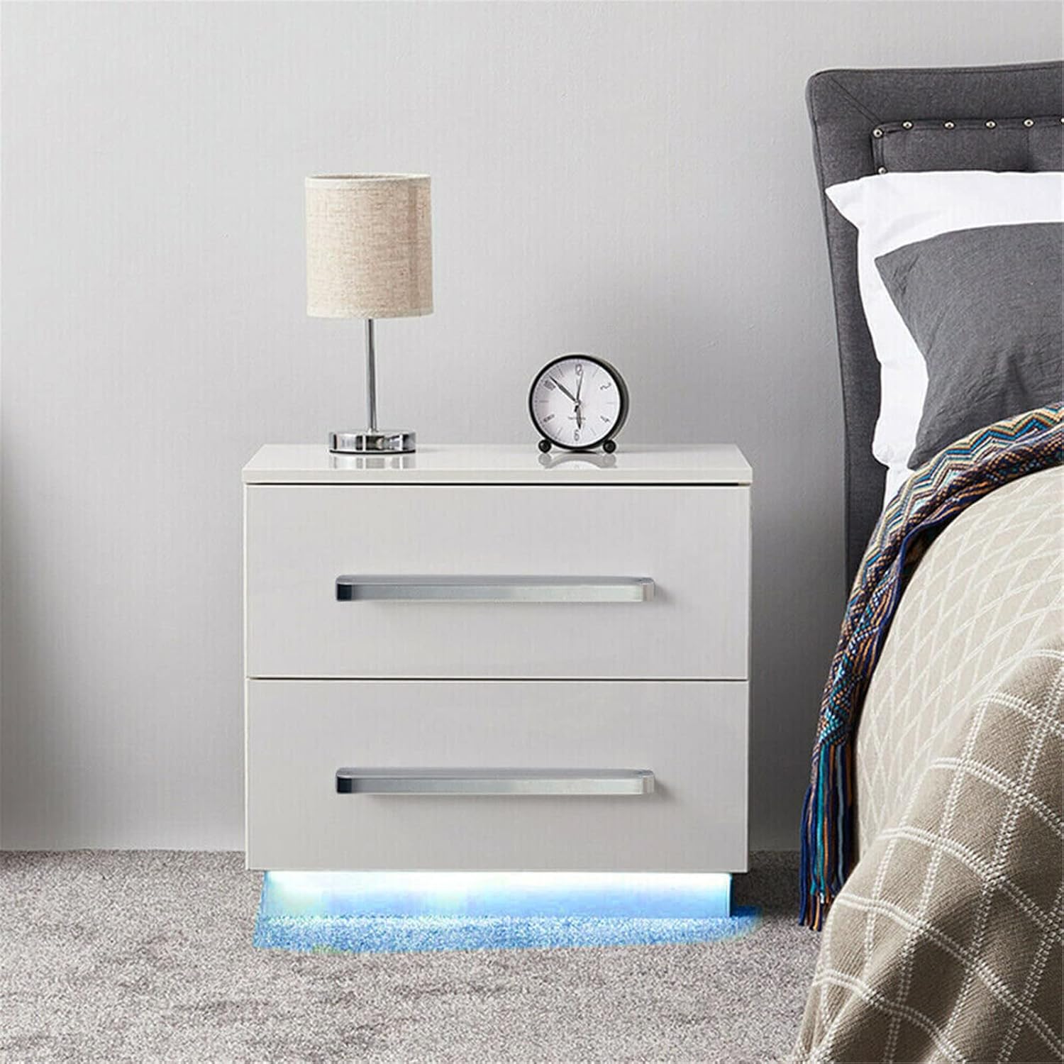 2 Drawers White Nightstand, High Gloss Nightstand LED Light Bedside Cabinet End Table Furniture for Bedroom Home Decor