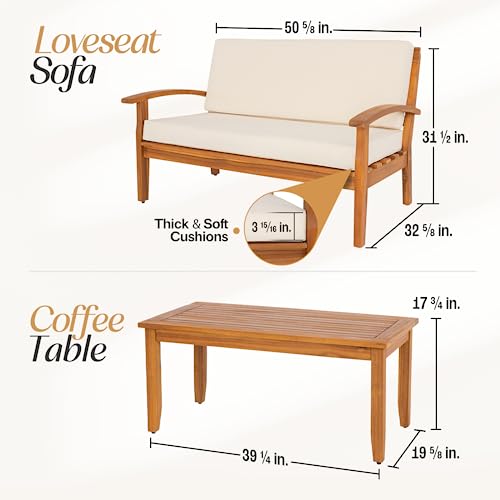 Harmonie 800lbs Capacity Outdoor Furniture, FSC Certified Sofa with Upgraded 2000 Hours UV Resistant Wicker, Teak Finish Porch Couch, Acacia Patio Loveseat_Ash Beige