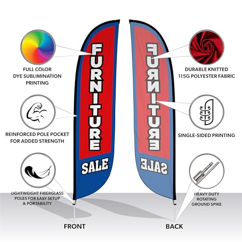 LookOurWay Feather Flag Pole Kit - 12 Feet Tall Advertising Flag Banner with Fiberglass Pole Kit and Ground Spike for Business Promotion - Furniture & Mattress Store - Mattress Sale Blue