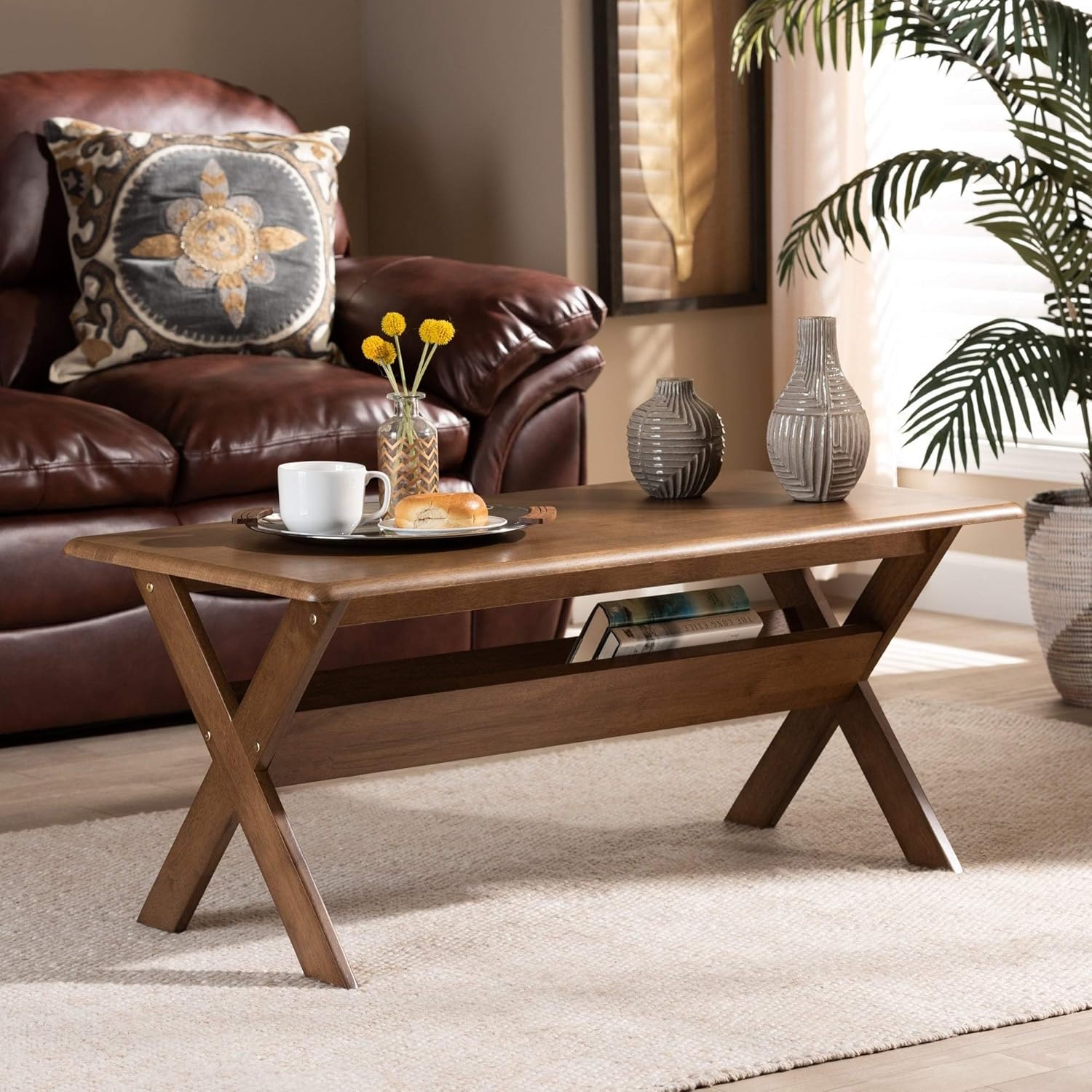 Modern Transitional Walnut Finished Wood Coffee Table Brown Contemporary Rectangle Finish