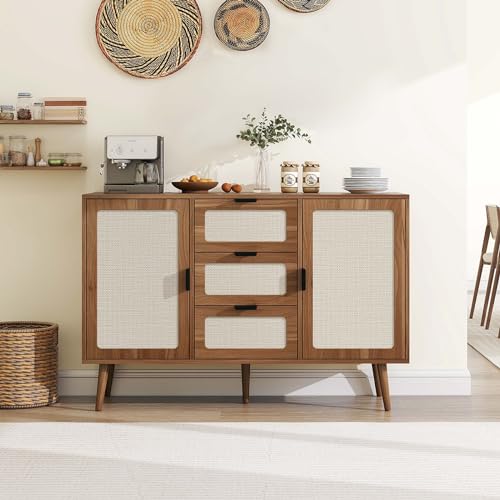 Rattan Sideboard Buffet Cabinet with Storage Black,Kitchen Buffet Storage Cabinet,Accent Cabinet with Doors&Drawers&Adjustable Shelves&Anti-Dumping Device,TV Credenzas for Living Room (Black)