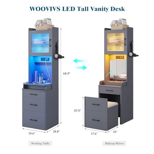 Small Vanity Desk with Plip-up Mirror and Lights, Makeup Vanity Dresser with Charging Station, LED Vanities Dressing Table Set with Drawers&Stool for Bedroom，Checkroom (Grey,1PCS)