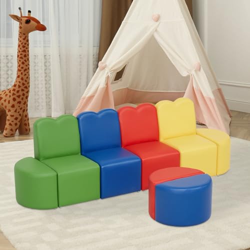 kinbor Daycare Furniture Kids Sofa - 8 Pieces Toddler Sofa for Playroom, Colorful Flexible Seating Set Preschool Daycares Classroom Chairs Stools for Toddlers Playing Reading