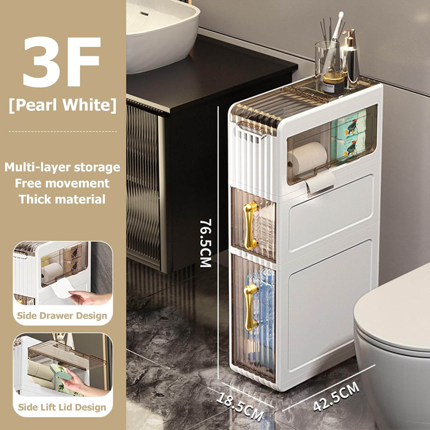 2/3/4 Shelf Bathroom Floor Cabinet Storage Tower Sleek Free Standing Toilet Paper Holder Laundry Room Organization Multifunctional Plastic Drawer Storage for Small Sapce On Kitchen