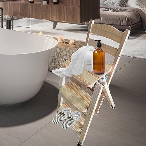 Folding Kitchen Stool, 3 Step Multifunction Portable Adults Solid Wood Ladder Stool for Household Bathroom Storage Shelf