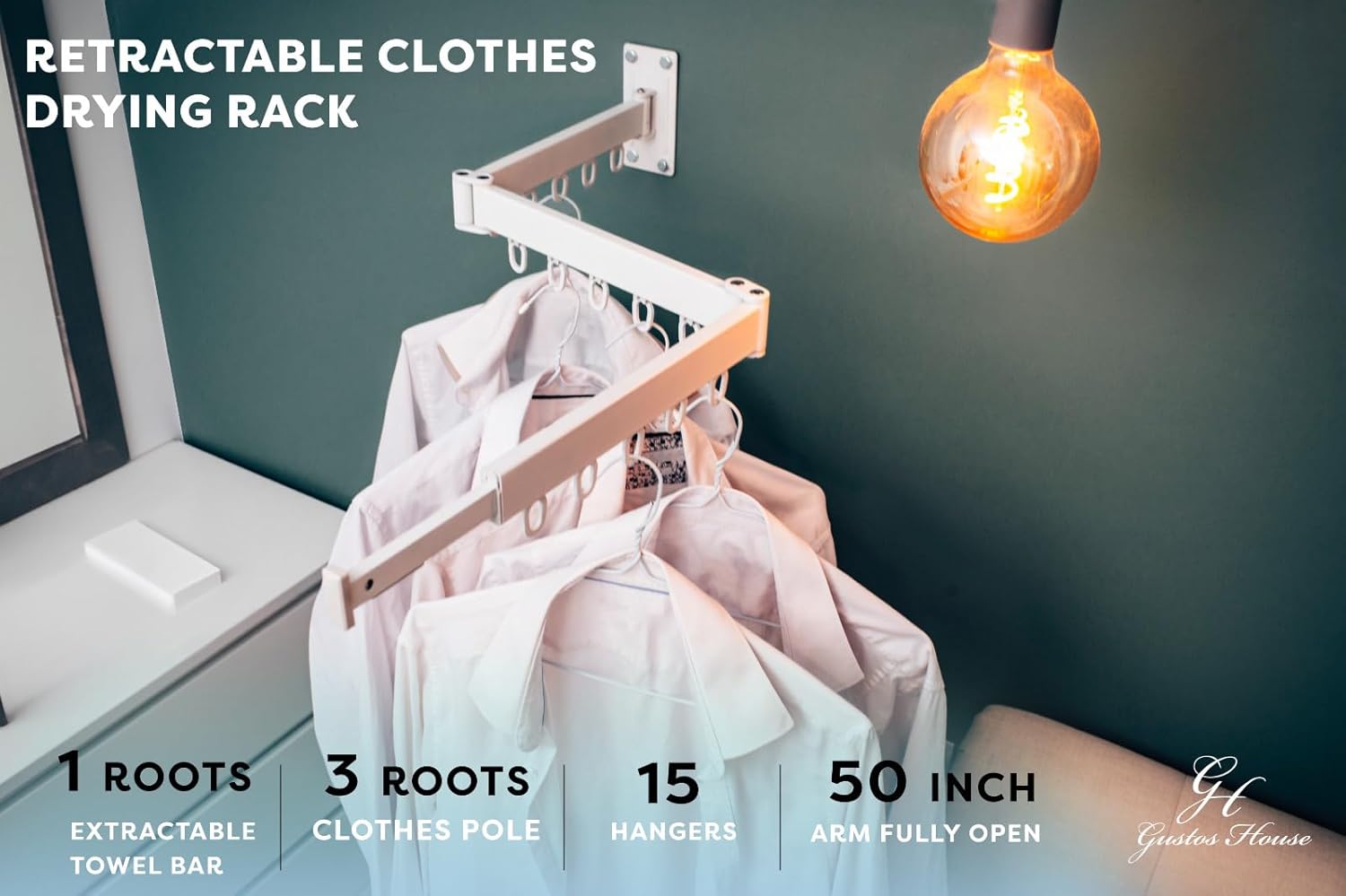 Clothes Rack for Home or Laundry, Folding clotheslines, Wall Mounted Drying Rack with Extended arms, Retractable Clothes Hanger, Wardrobe with Compact Style, Laundry Drying Rack