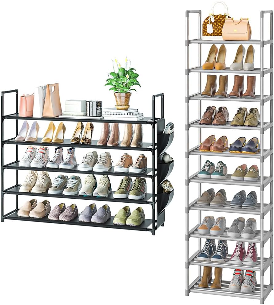 5 Tier Long Shoe Rack and 10 Tier Narrow Tall Shoe Rack, for Closet, Entryway, Large Capacity
