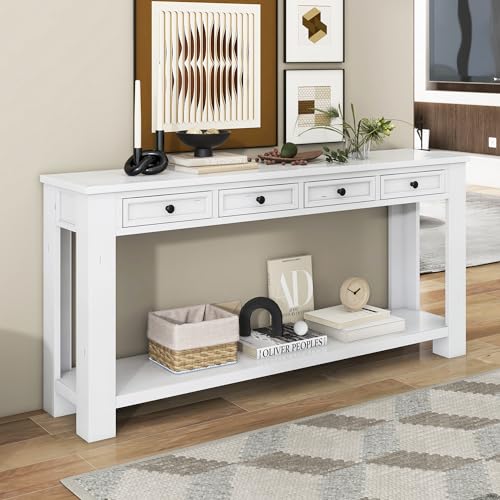 Long Console Table with Drawers, Wood Entryway Table with Bottom Shelf, Sofa Table, Modern Sofa Table for Entryway, Hallway, Living Room (Tan)