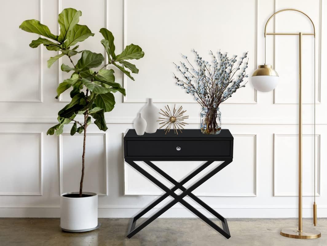 KUIKUI Nightstands Black, Wooden End Side Table with Glass Top, Drawer and Metal Cross Base, Table Night Stands for Bedroom for Living Room,Lounge