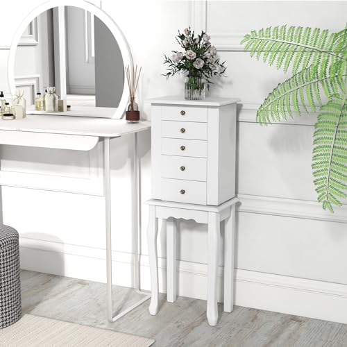 Giantex Jewelry Cabinet Armoire Chest with 4 Drawers, Flip Top Mirror, Top Storage Compartments, 2 Side Doors with 8 Necklace Hooks, 2 Shelves, White Standing Jewelry Organizer Box for Girls Gift