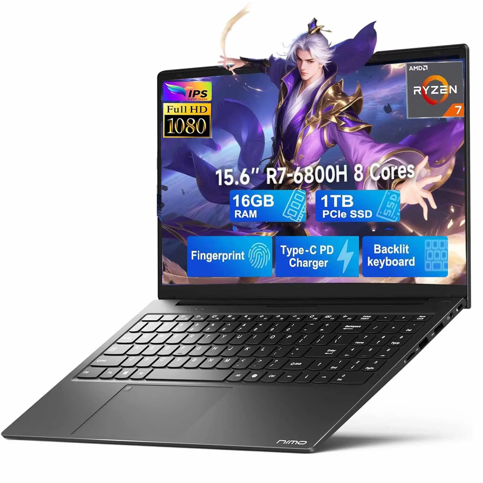 15.6" IPS FHD-Gaming-Laptop, 8 Cores AMD Ryzen 7 6800H 16GB DDR5 RAM 1TB SSD (Beat i7-12700H, Up to 4.7GHz) AMD Radeon 680M GPU-Computer with 100W GaN Type-C Backlit Keyboard Fingerprint
