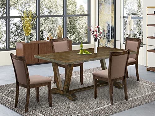 East West Furniture V-Style 5 Piece Modern Dining Set Includes a Rectangle Wooden Table with V-Legs and 4 Coffee Linen Fabric Upholstered Chairs, 40x72 Inch, V797MZ748-5