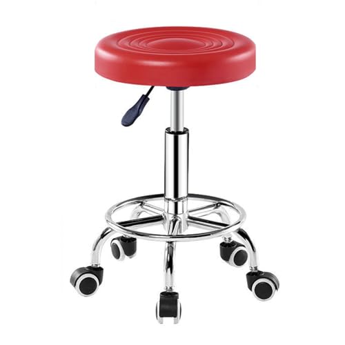 Pu Leather Round Rolling Stool with Foot Rest Height Adjustable Stool with Wheels 360 Degree Swivel Office Stool Chair for Spa Salon Massage Tattoo Shop Drafting Work Task, Black Red (Red)
