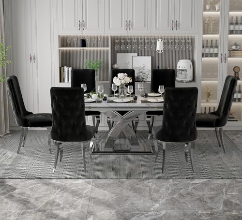 5 Piece Dining Set with Chairs, Gold X-Base Dining Table Set for 4, 63 inches Modern Dining Room Table Set with 4 Sky Blue Velvet Dining Chairs(Table+4 Chairs)