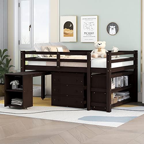 Twin Loft Bed with Cabinets Storage Drawers & Open Shelves, Space-Saving Low Loftbed with Slide & Guardrail for Kids, Teen, Adult, Single Bed Frame Wooden Slats Support No Box Spring Needed