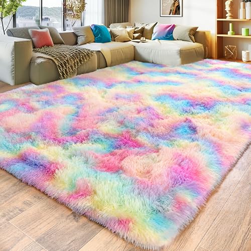 Ultra Fluffy Area Rugs for Living Room Bedroom, 6x9 Fuzzy Large Living Room Rugs, Thick Shag Rug for Dorm, Soft Non Slip Kids Girls Boys Rug for Home Decor Aesthetic, Cream White