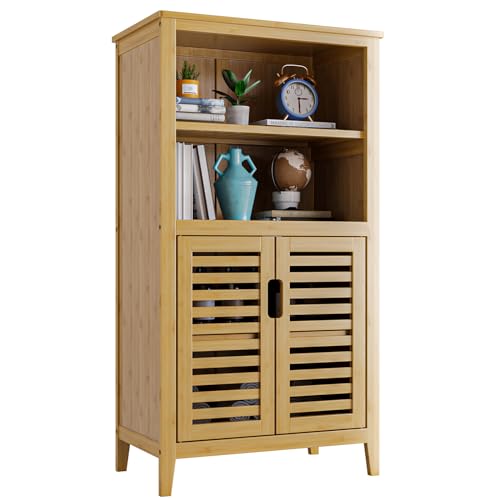 Bathroom Storage Cabinet, Bamboo Side Storage Organizer, Floor Standing Space Saver Kitchen Cupboard, Double Shutter Doors with Removable Shelves, Walnut