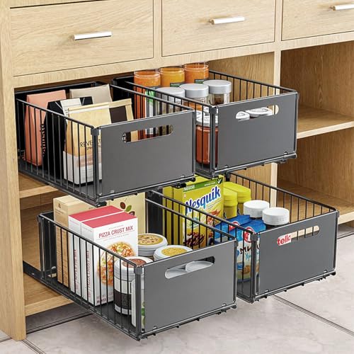 4Pack Foldable Pull Out Cabinet Organizer, Slide Out Cabinet Organizer for Kitchen, Pull Out Drawers for Cabinets, Roll Out Shelf Storage Fixed with Adhesive Nano Film (4 Pack Small)