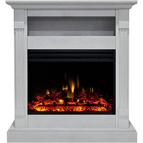 Cambridge Sienna 34 Inch Freestanding Fireplace Mantel with Storage Shelf and 1500W Electric Heater Insert with Deep Log Display, Colorful Flames, Remote Control, White