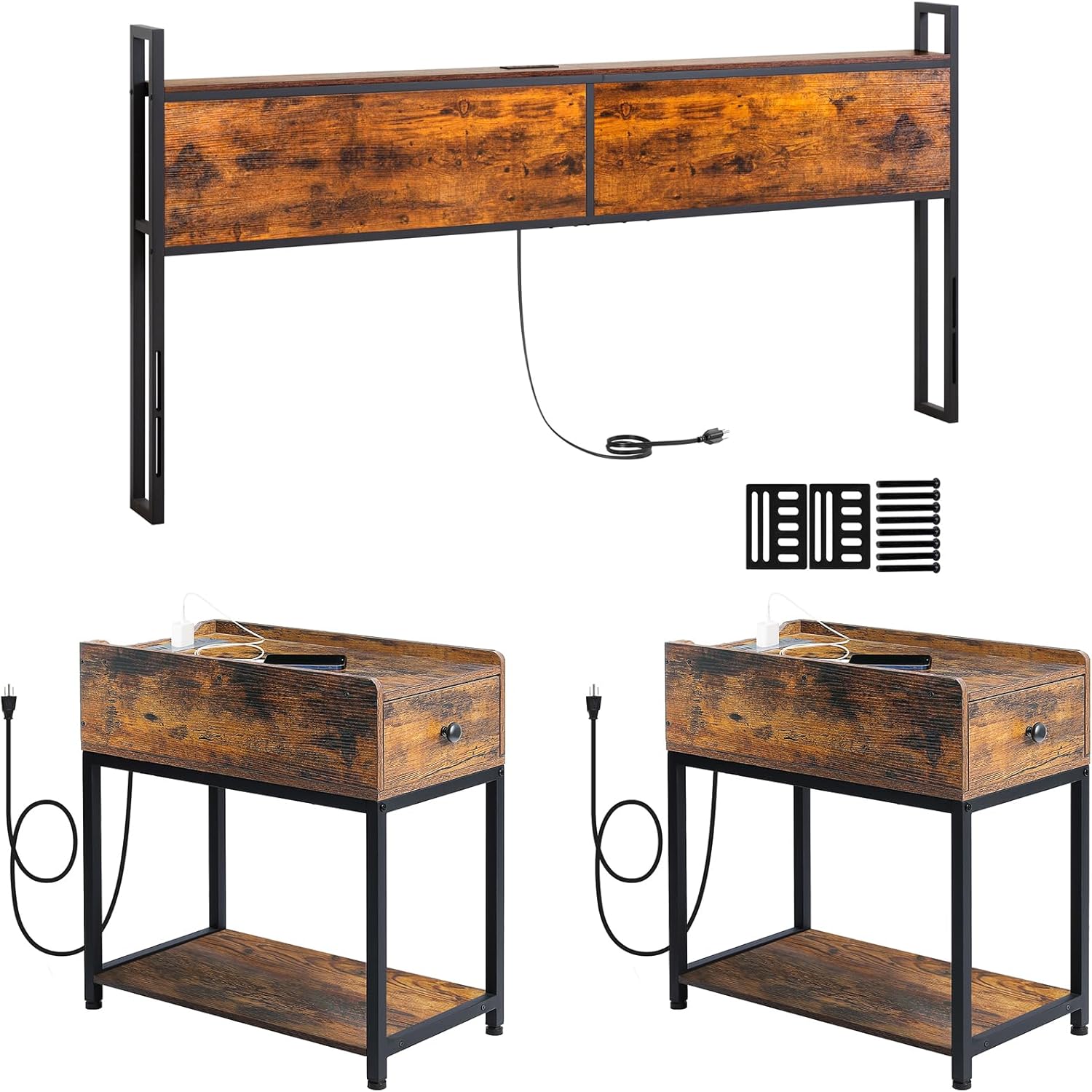 King Size Headboard Only,Narrow End Tables with Drawer, with Charging Station
