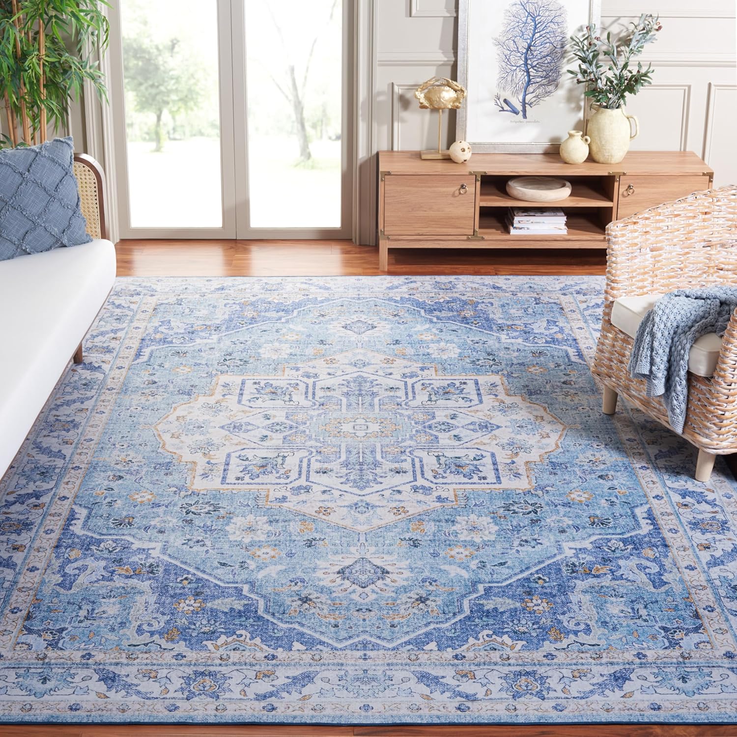 Safavieh Tucson Collection Area Rug - 9' x 12', Light Blue & Blue, Shabby Chic Design, Machine Washable & Slip Resistant, Ideal for High Traffic Areas in Living Room, Bedroom, Dining (TSN118L-9)