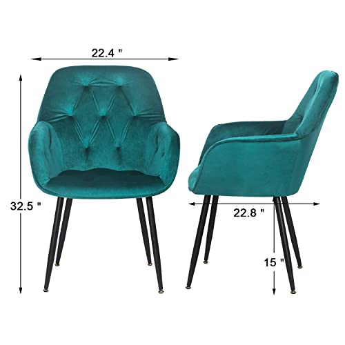 Homebeez Modern Velvet Dining Chair with Non-Slip Mat,Upholstered Vanity Chair Living Room Chairs with Arm for Living Room/Dressing Room/Office,Set of 2 Chairs, Green