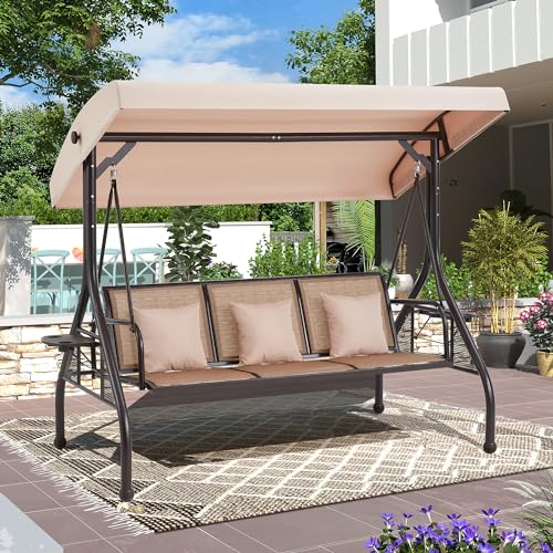 HOMREST 3 Seat Outdoor Porch Swing,Adjustable Canopy Porch Swings,Outdoor Swing with Stand, Patio Glider Chair with Thicken Cushions,Pillow & Cup Holder(Brown)