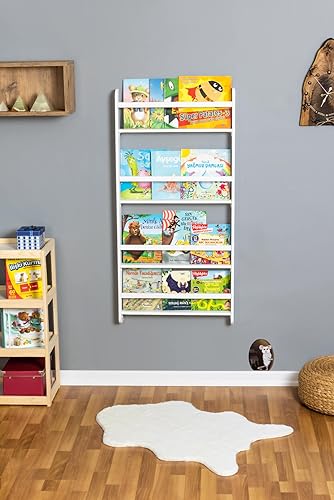 Handmade Solidwood Wall Mounted Montessori Kids Bookshelf, 4 tier Book Display for Children Bedroom, Nursery Furniture Bookcase, Wood Pine Tree Book Organiser for Living Room (Walnut)
