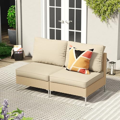 VICLLAX 7 Pieces Wicker Patio Furniture Set, Outdoor Conversation Set Sectional Sofas with Cushions and Glass-top Tea Table, Oak Rattan