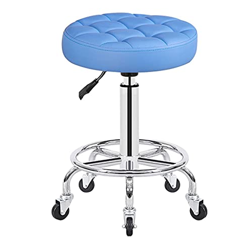 Round Rolling Stool Beauty Stools Chair Adjustable Height Chrome Steel Bar Stool Round Cushion, Salon Rolling Stool Swivel Chair On 5 Wheels, PU Leather Counter Stools Shop Work Stool with