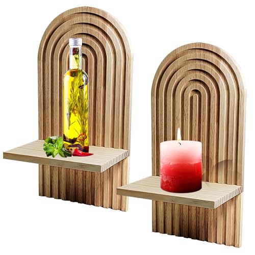 2 Pcs Rainbow Arch Boho Floating Shelves, Wall Mount Wooden Boho Shelves, Boho Arch Hanging Wall Shelf for Candles Vases, Boho Wall Decor for Livingroom Bathroom Nursery